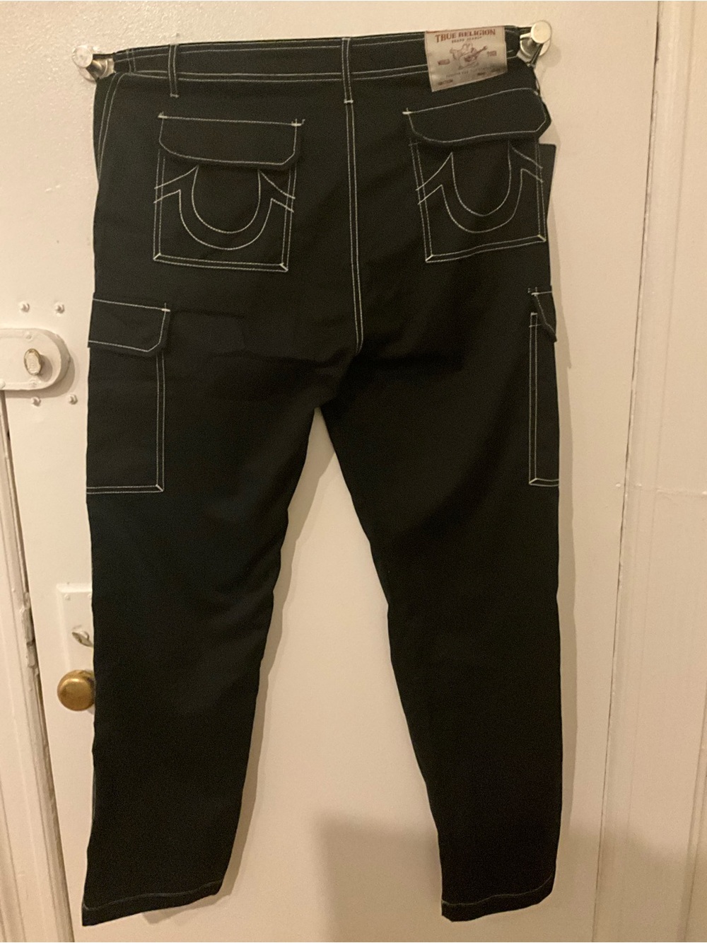 True Religion Black Cargo Pants with White Contrast Stitching